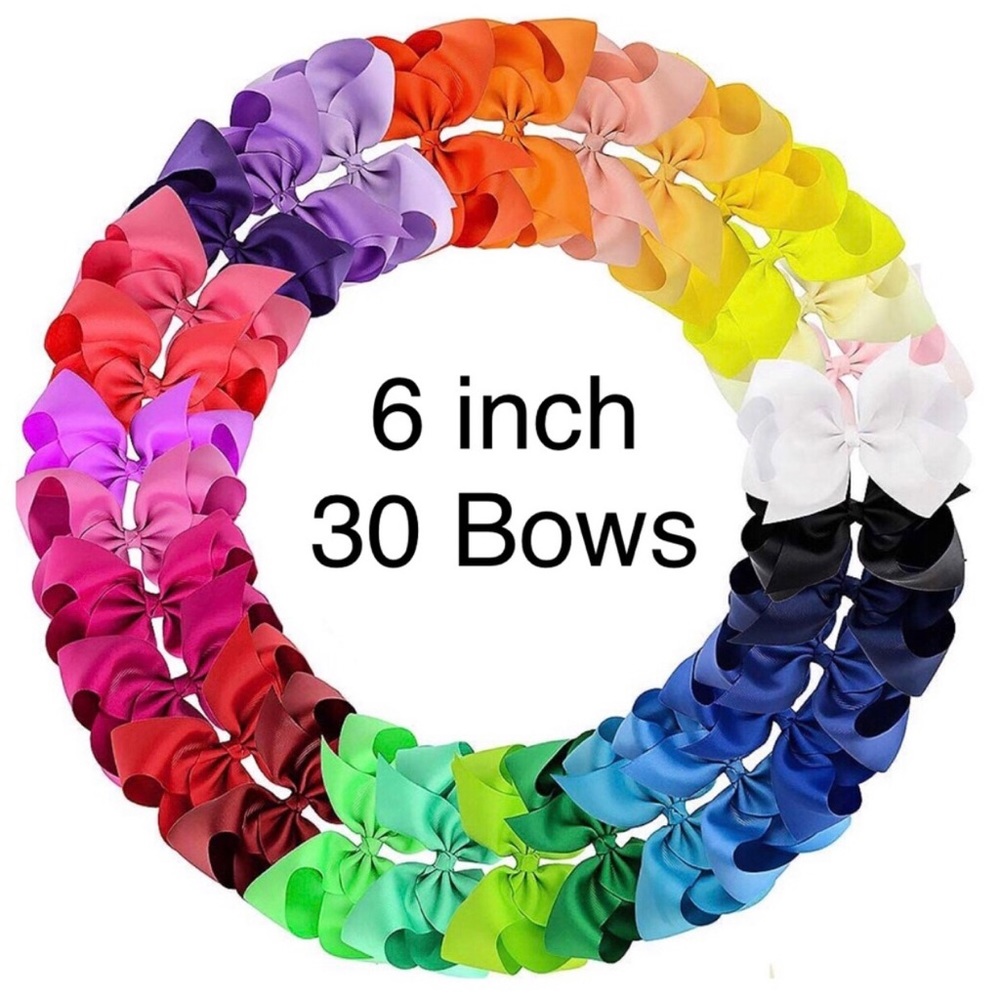 30 Rainbow Color Hair Bows - 6 inch Grosgrain Bows with Alligator Clips